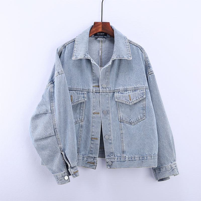 Spring and Autumn Korean Style Dark Blue Denim Coat Women's Short Long Sleeve Casual Loose Jacket Fashion