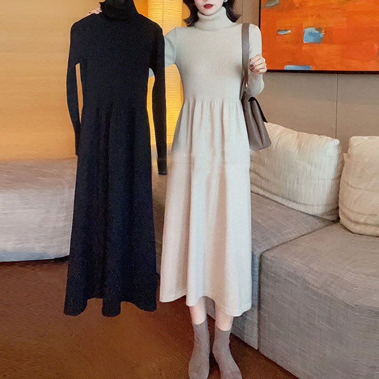 Half Turtleneck Mid-Length Elegant Style Woolen Skirt Autumn and Winter Korean Style Long Sleeve Base Knitting Dress Women