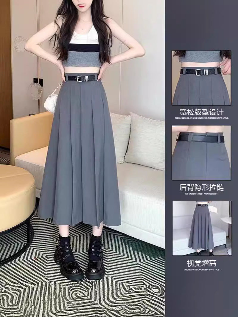 Suit Fabric Pleated Skirt Long Skirt Korean Style Simple Black Gray French High Waist Slimming aWord Version