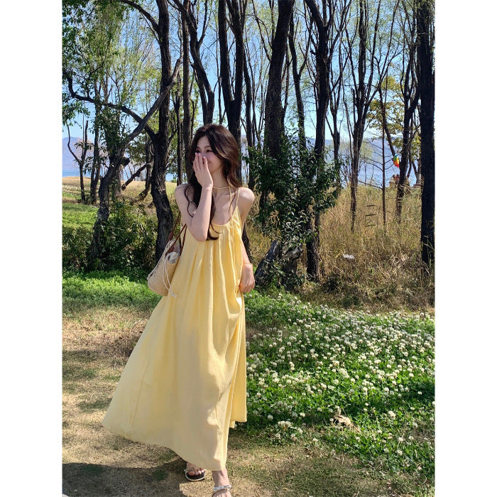 French Style Yellow Gallus Dress Women's Clothing Summer Seaside Vacation Style Wear Dress LooseALine Skirt Long Skirt
