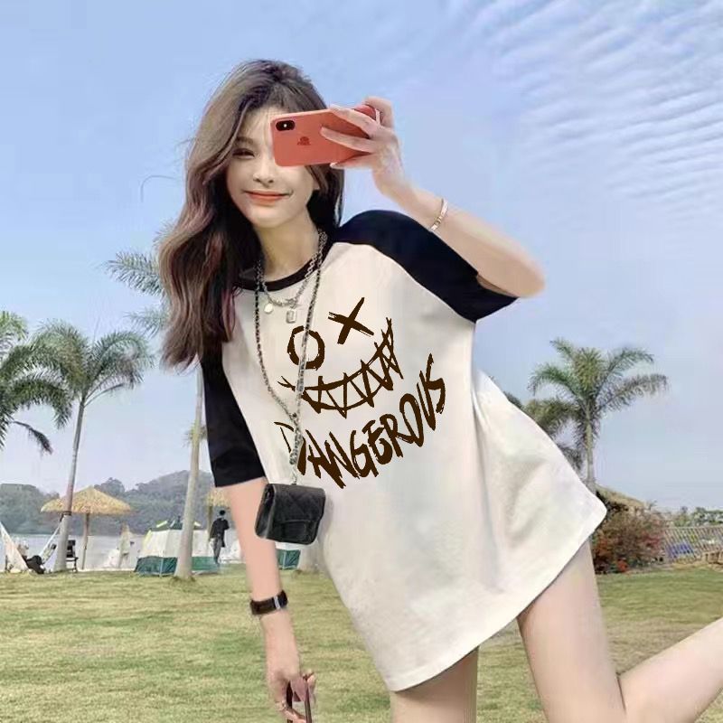Summer Thin Pure Cotton Stitching Printing Contrast Color Raglan Mid-LengthTT-shirt Top Women's Short SleeveTWomen's T-shirt