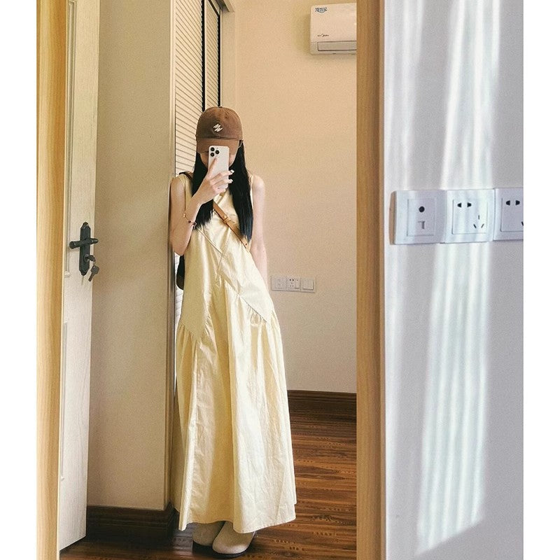 French Style Gentle Light Yellow Sleeveless Vest Dress Women's Summer Dopamine Sweet VacationaLong Skirt