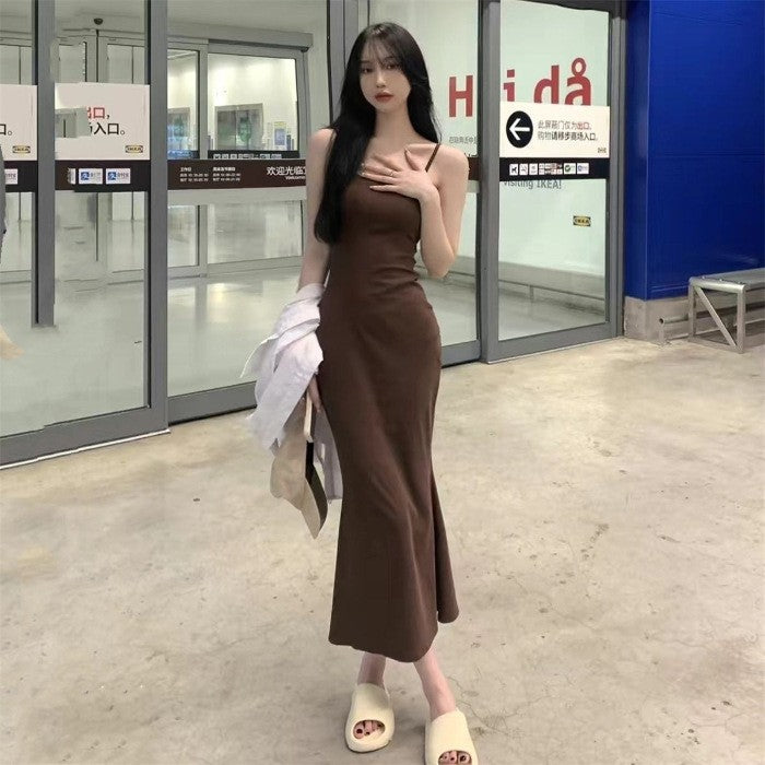 Summer Hot Girl Elastic Sling Dress Women's Sleeveless off-the-Shoulder Waist Fitted Figure Flattering off-Shoulder Base Dress