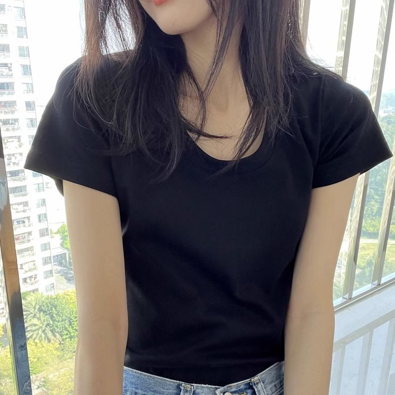 Pure Cotton Classic Basic Style All-Match Short SleeveTT-shirt Women's Summer-Style Slim Fit Slimming Half Sleeve Low-Necked Underwear Blouse Top