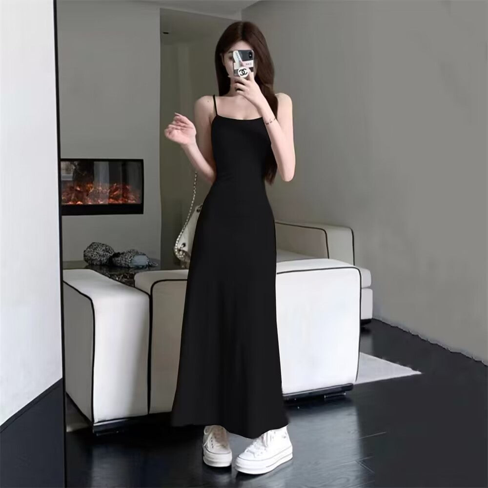 Summer Hot Girl Elastic Sling Dress Women's Sleeveless off-the-Shoulder Waist Fitted Figure Flattering off-Shoulder Base Dress
