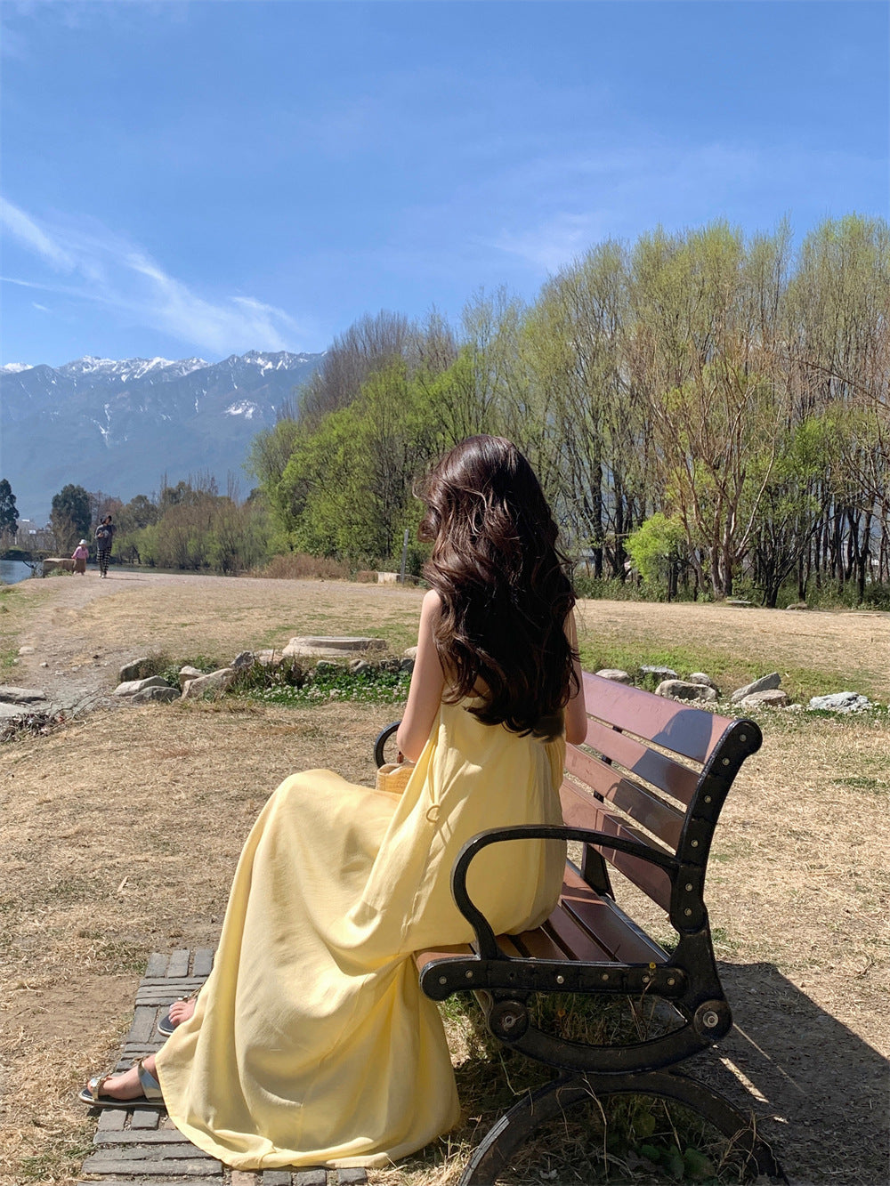 French Style Yellow Gallus Dress Women's Clothing Summer Seaside Vacation Style Wear Dress LooseALine Skirt Long Skirt