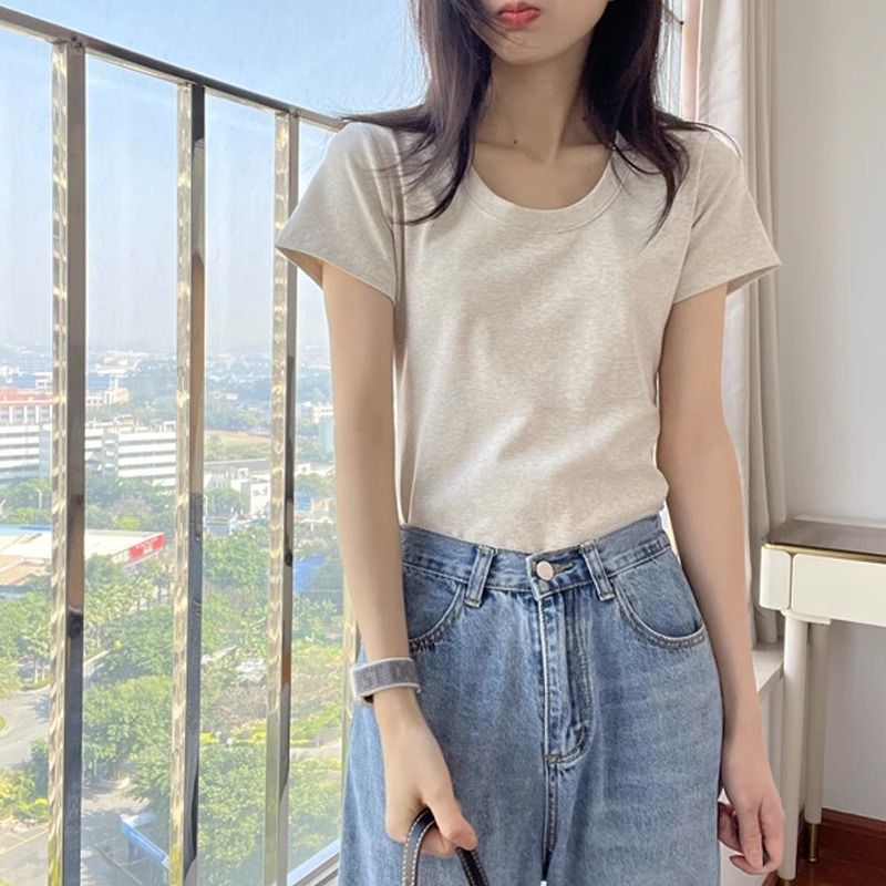 Pure Cotton Classic Basic Style All-Match Short SleeveTT-shirt Women's Summer-Style Slim Fit Slimming Half Sleeve Low-Necked Underwear Blouse Top