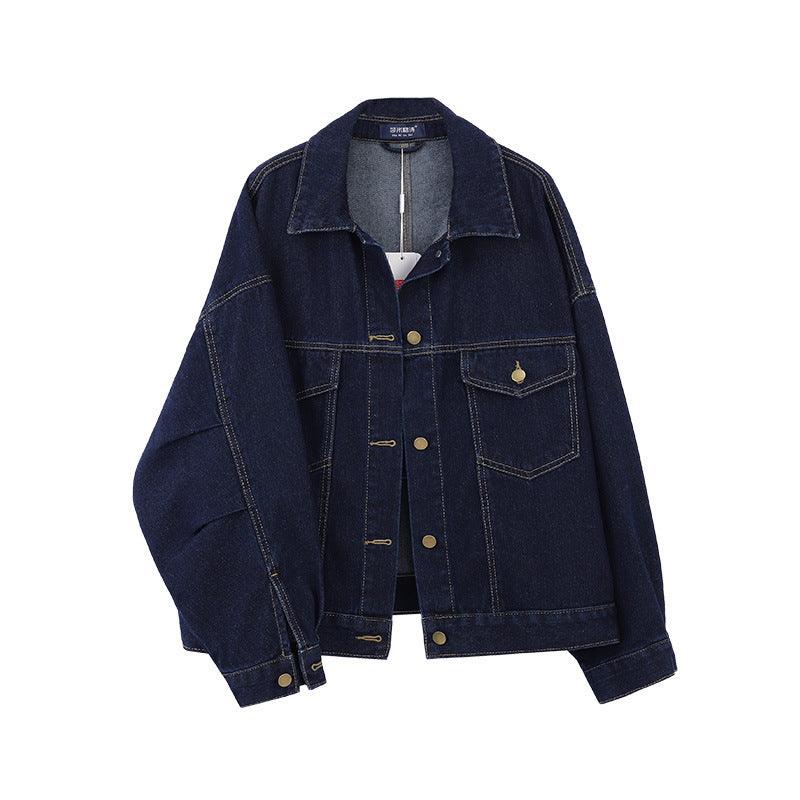 Spring and Autumn Korean Style Dark Blue Denim Coat Women's Short Long Sleeve Casual Loose Jacket Fashion