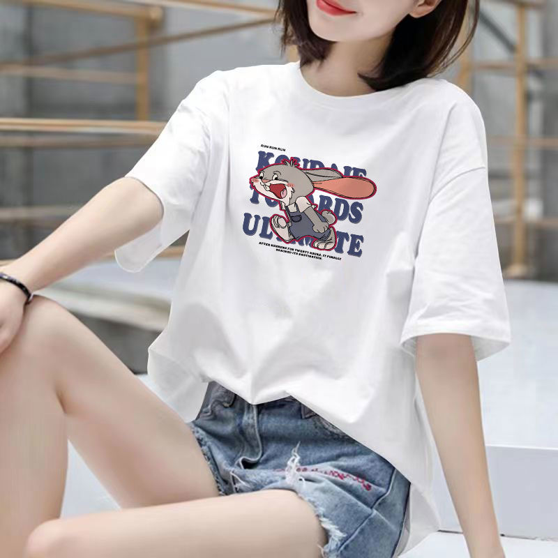Fat Girl Cotton Short SleeveTT-shirt Women's White Loose Versatile Student Summer Korean Style round Neck Top Clothesins