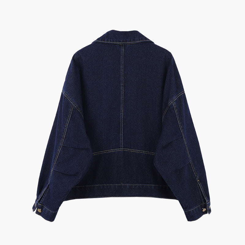 Spring and Autumn Korean Style Dark Blue Denim Coat Women's Short Long Sleeve Casual Loose Jacket Fashion
