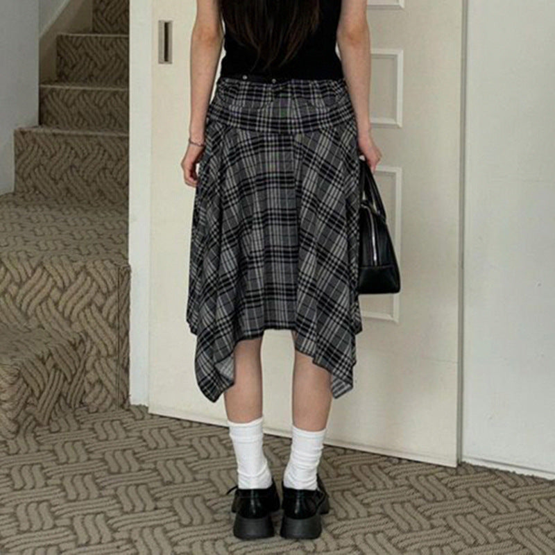 Preppy Style Plaid Contrast Color Irregular Girl's Skirt Retro Low Waist Versatile Slimming Casual Midi Dress