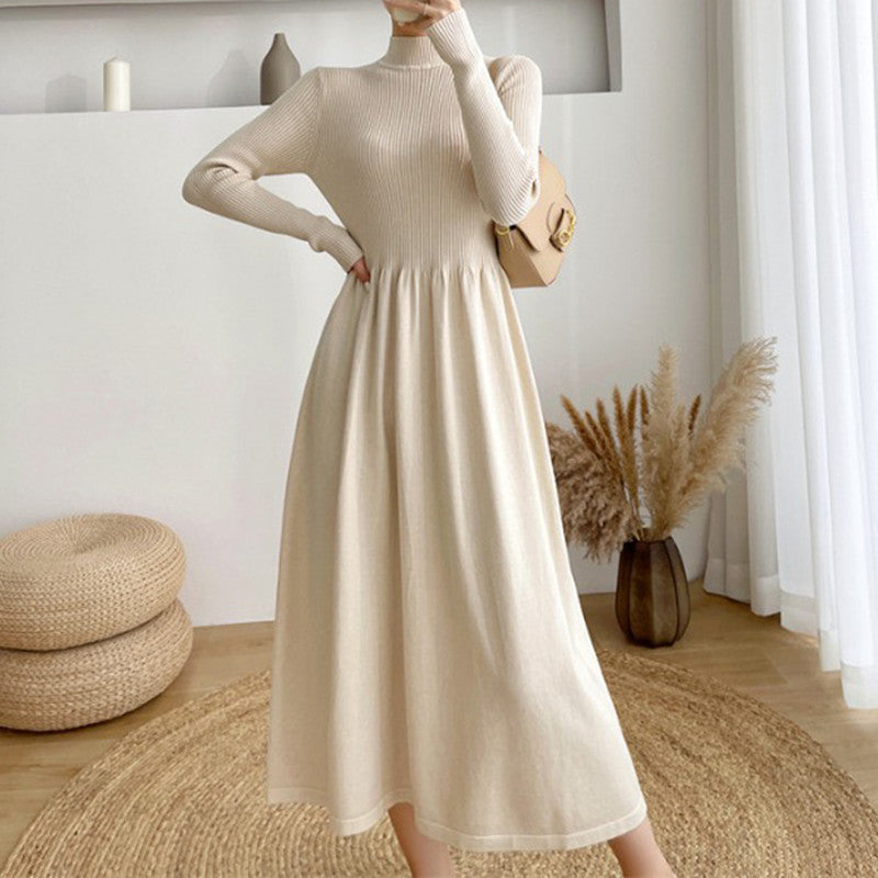 Half Turtleneck Mid-Length Elegant Style Woolen Skirt Autumn and Winter Korean Style Long Sleeve Base Knitting Dress Women