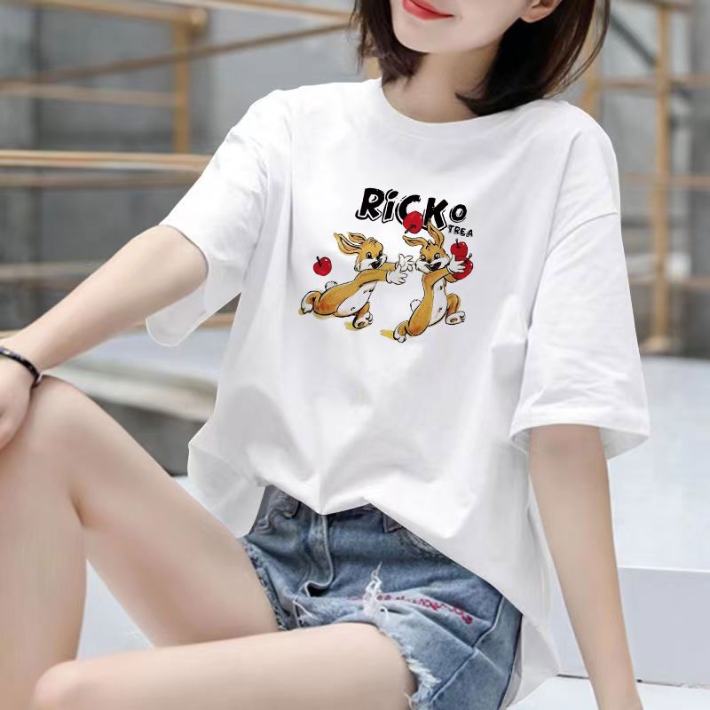 Fat Girl Cotton Short SleeveTT-shirt Women's White Loose Versatile Student Summer Korean Style round Neck Top Clothesins