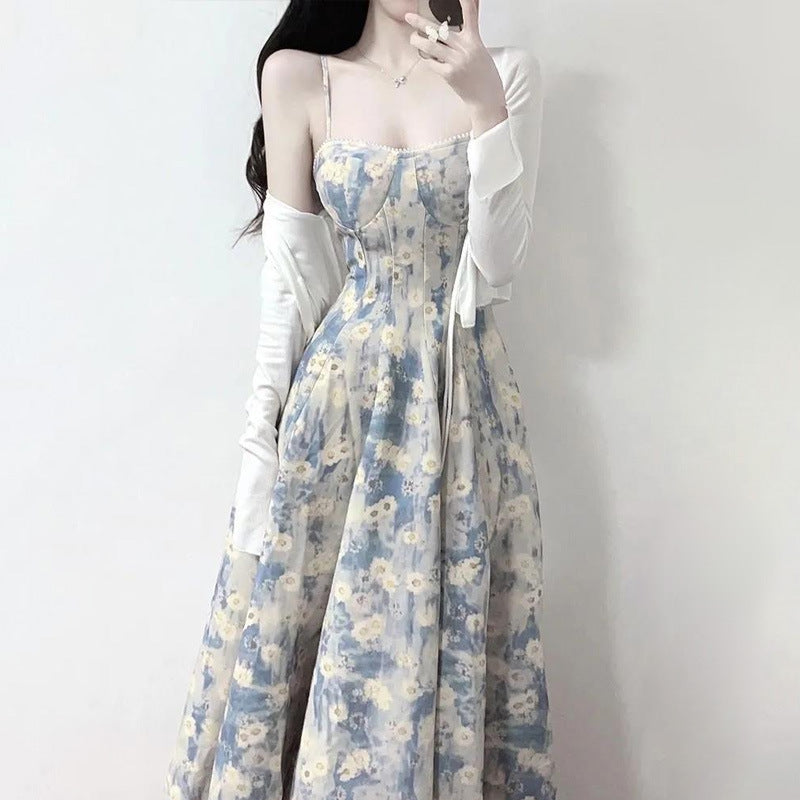 Tea Break French Blue Oil Painting Dress Female Summer Fairy Floral Tight Waist Sling Mid-Length Skirt