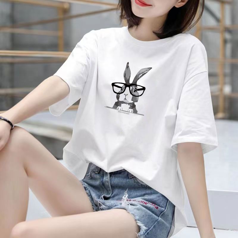 Fat Girl Cotton Short SleeveTT-shirt Women's White Loose Versatile Student Summer Korean Style round Neck Top Clothesins