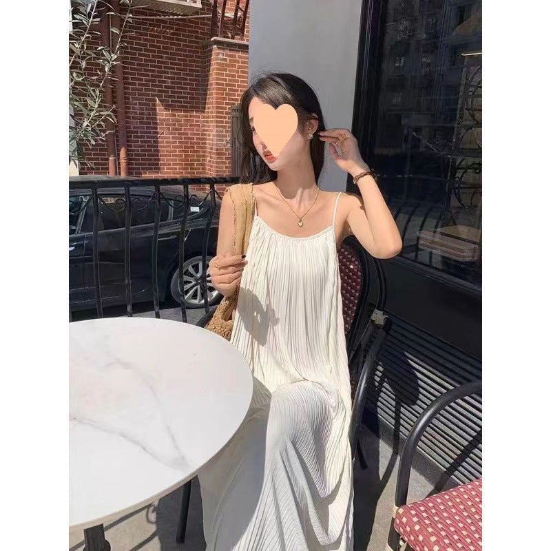 Summer Sling Korean Style Slimming Elegant Long Dress Dress Sleeveless Solid Color Loose Fashion Simple Fashion