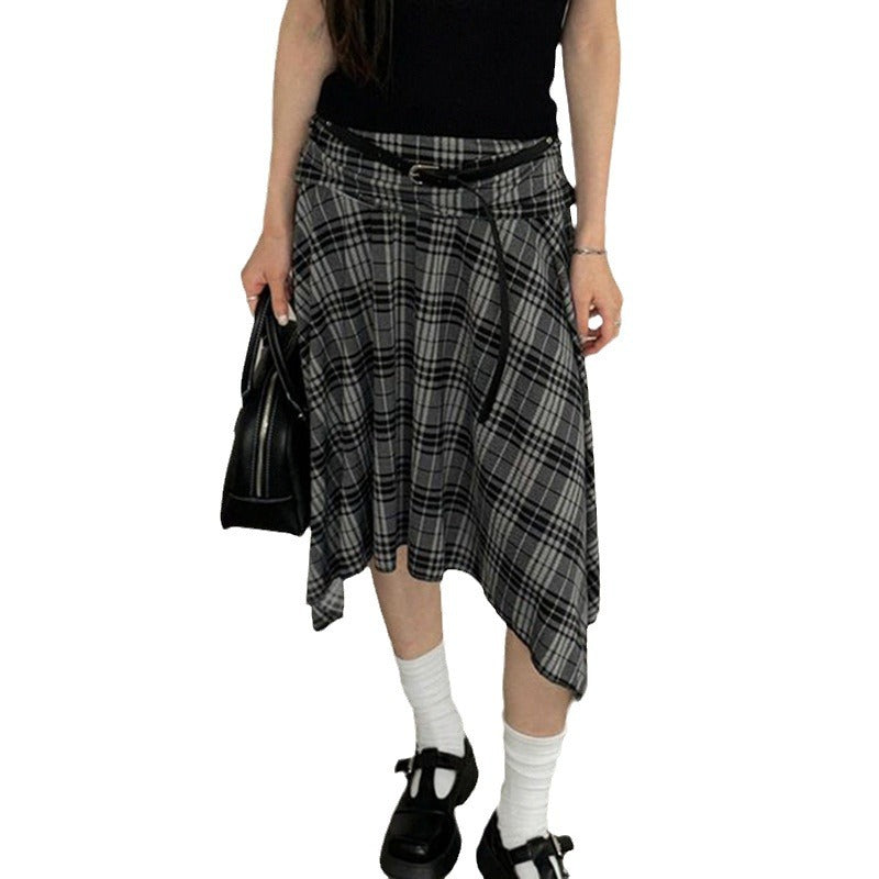 Preppy Style Plaid Contrast Color Irregular Girl's Skirt Retro Low Waist Versatile Slimming Casual Midi Dress