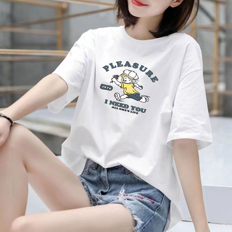 Fat Girl Cotton Short SleeveTT-shirt Women's White Loose Versatile Student Summer Korean Style round Neck Top Clothesins