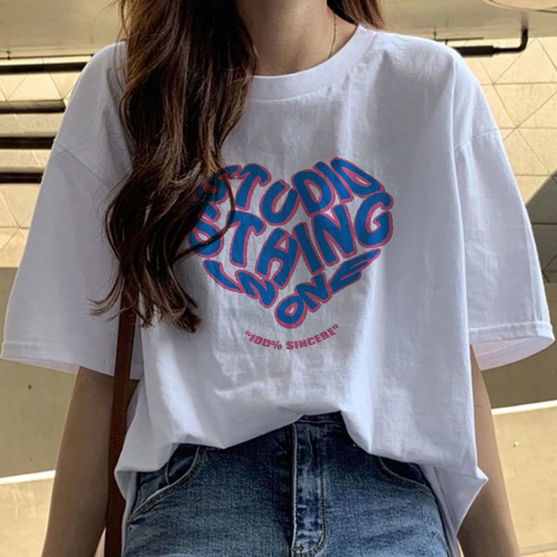 Fat Girl Cotton Short SleeveTT-shirt Women's White Loose Versatile Student Summer Korean Style round Neck Top Clothesins