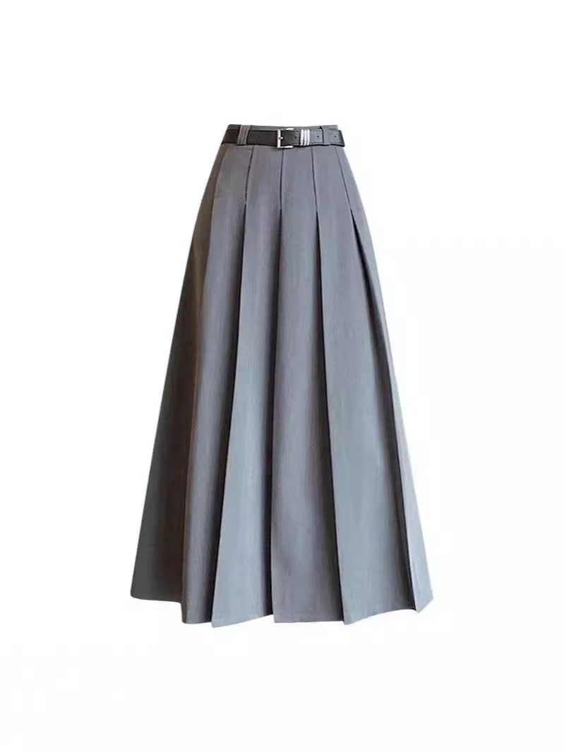 Suit Fabric Pleated Skirt Long Skirt Korean Style Simple Black Gray French High Waist Slimming aWord Version