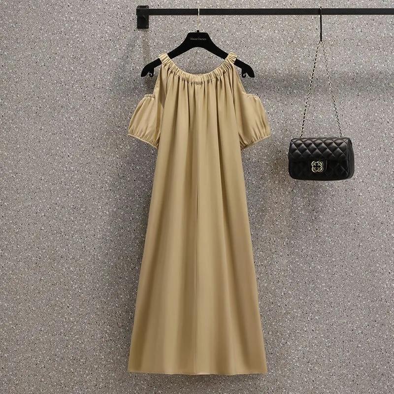Korean Style Loose Cold-Shoulder Elegant Summer Dress Women's Clothing FatMMFrench Sweet Midi Skirt