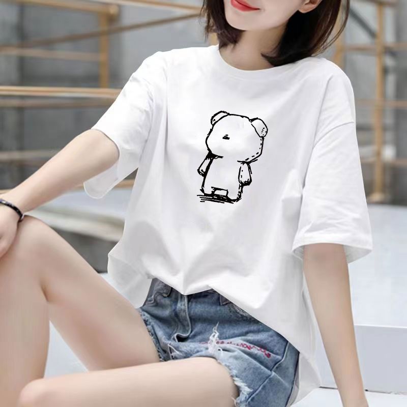 Fat Girl Cotton Short SleeveTT-shirt Women's White Loose Versatile Student Summer Korean Style round Neck Top Clothesins