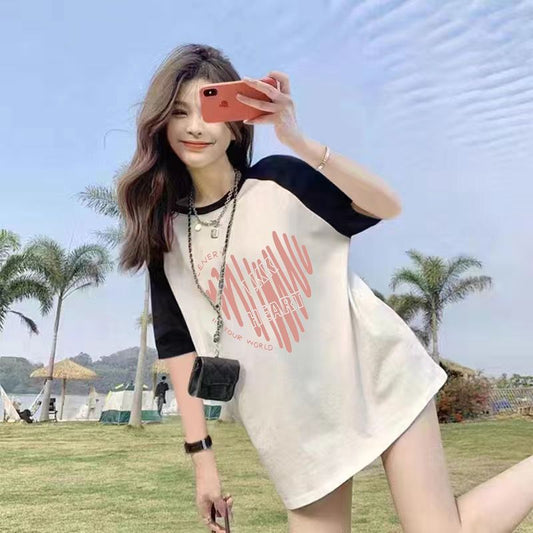 Summer Thin Pure Cotton Stitching Printing Contrast Color Raglan Mid-LengthTT-shirt Top Women's Short SleeveTWomen's T-shirt