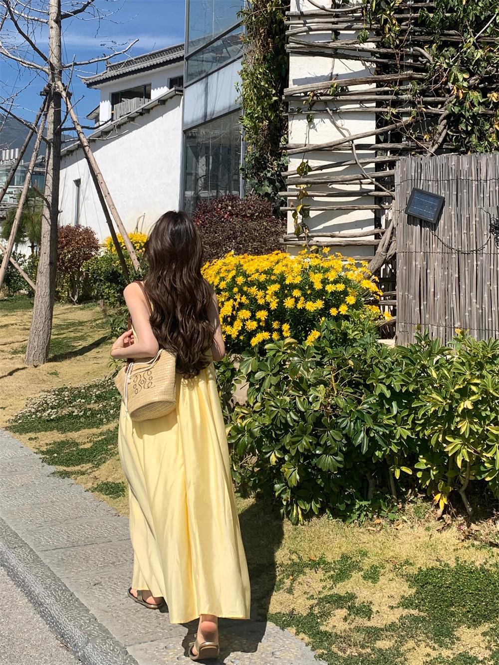 French Style Yellow Gallus Dress Women's Clothing Summer Seaside Vacation Style Wear Dress LooseALine Skirt Long Skirt
