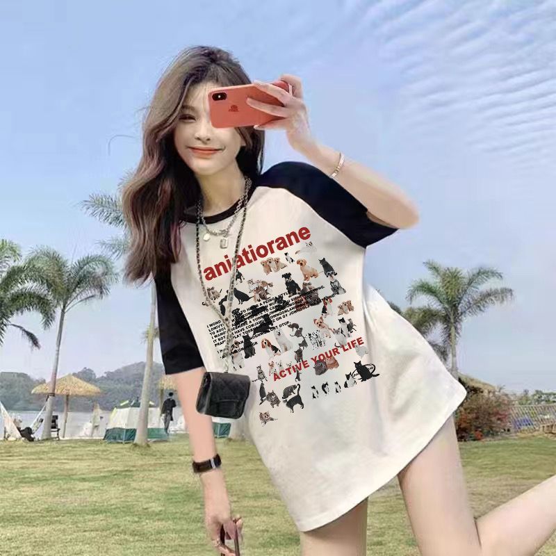 Summer Thin Pure Cotton Stitching Printing Contrast Color Raglan Mid-LengthTT-shirt Top Women's Short SleeveTWomen's T-shirt
