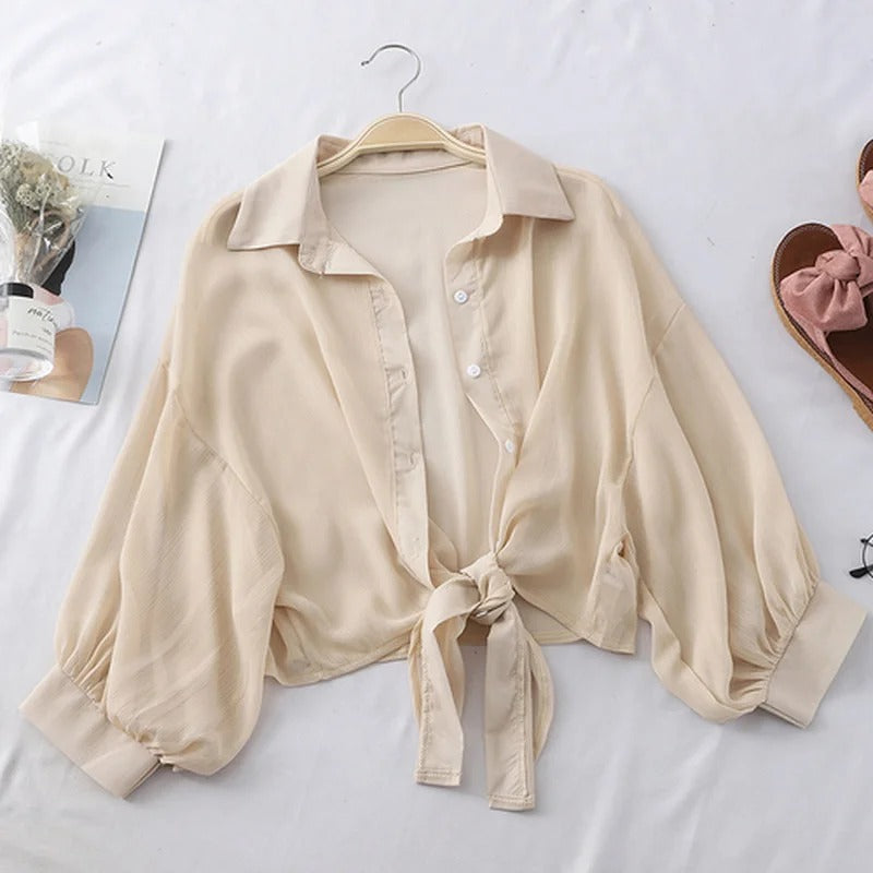 Elegant Solid Color Tied Waist Blouse Women Casual Loose Hollow White clothes Summer Bat Half Sleeve Button Chiffon Shirt 9776