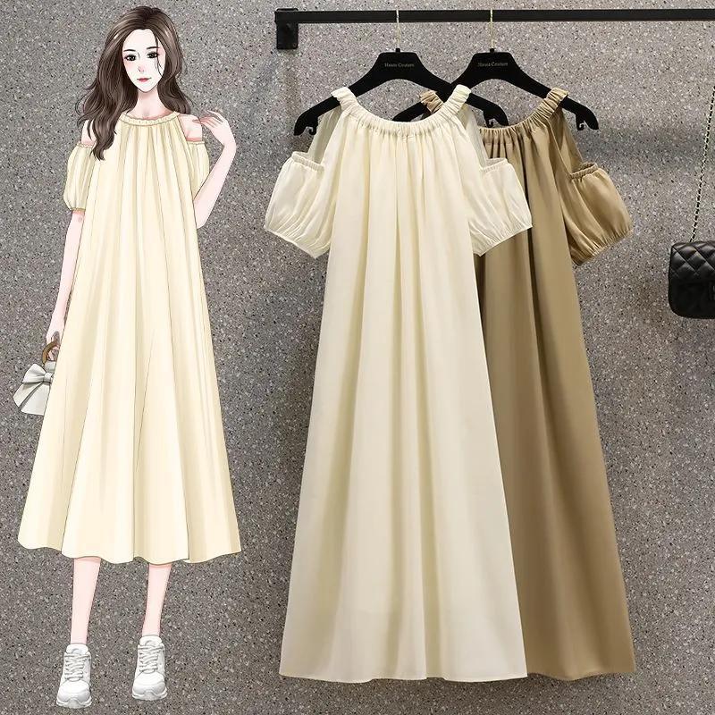 Korean Style Loose Cold-Shoulder Elegant Summer Dress Women's Clothing FatMMFrench Sweet Midi Skirt