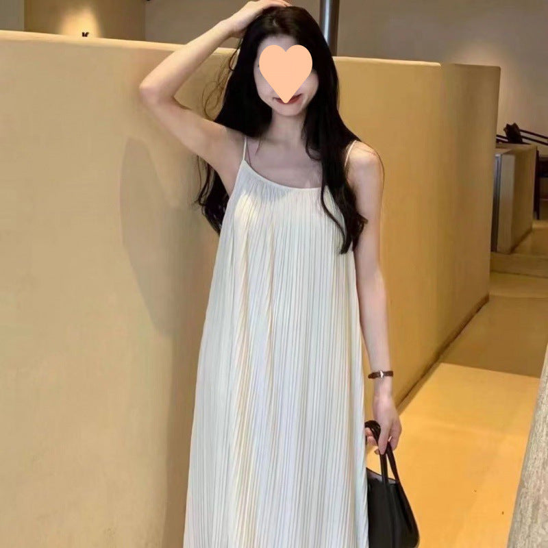 Summer Sling Korean Style Slimming Elegant Long Dress Dress Sleeveless Solid Color Loose Fashion Simple Fashion