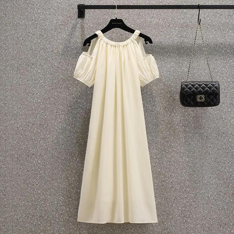 Korean Style Loose Cold-Shoulder Elegant Summer Dress Women's Clothing FatMMFrench Sweet Midi Skirt