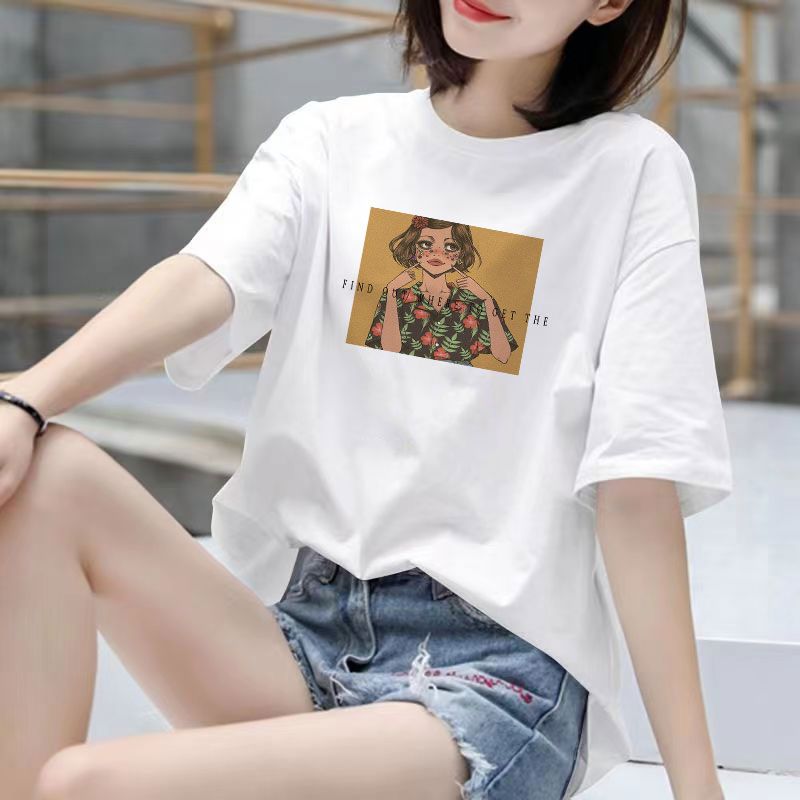 Fat Girl Cotton Short SleeveTT-shirt Women's White Loose Versatile Student Summer Korean Style round Neck Top Clothesins