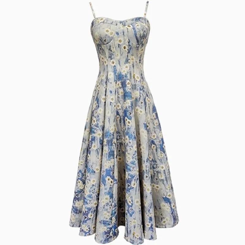 Tea Break French Blue Oil Painting Dress Female Summer Fairy Floral Tight Waist Sling Mid-Length Skirt