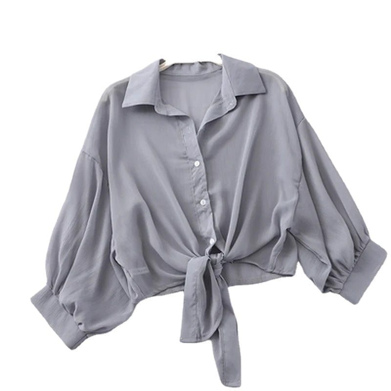 Elegant Solid Color Tied Waist Blouse Women Casual Loose Hollow White clothes Summer Bat Half Sleeve Button Chiffon Shirt 9776