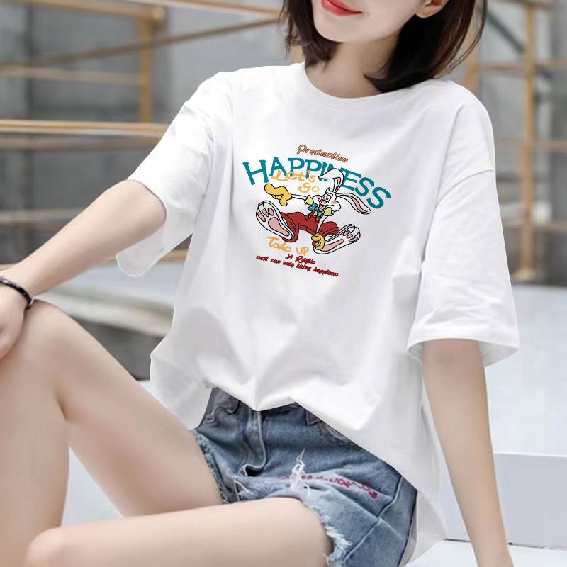 Fat Girl Cotton Short SleeveTT-shirt Women's White Loose Versatile Student Summer Korean Style round Neck Top Clothesins