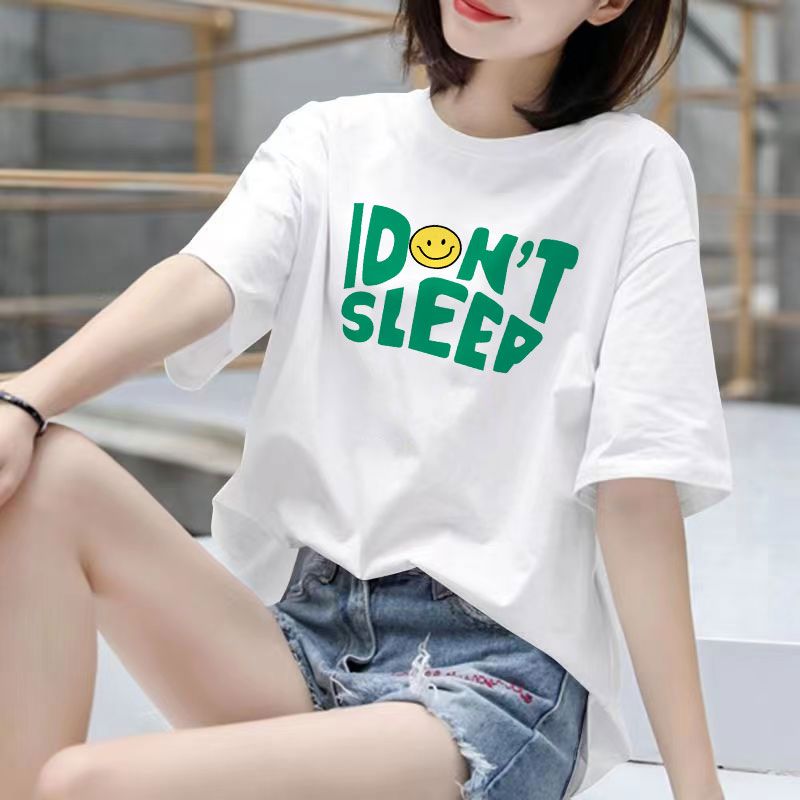 Fat Girl Cotton Short SleeveTT-shirt Women's White Loose Versatile Student Summer Korean Style round Neck Top Clothesins