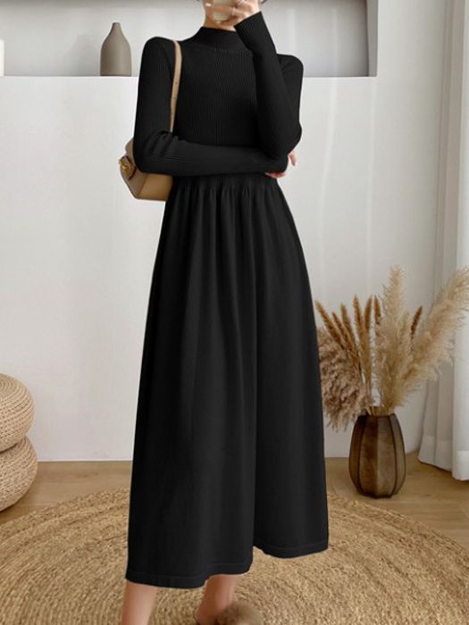 Half Turtleneck Mid-Length Elegant Style Woolen Skirt Autumn and Winter Korean Style Long Sleeve Base Knitting Dress Women