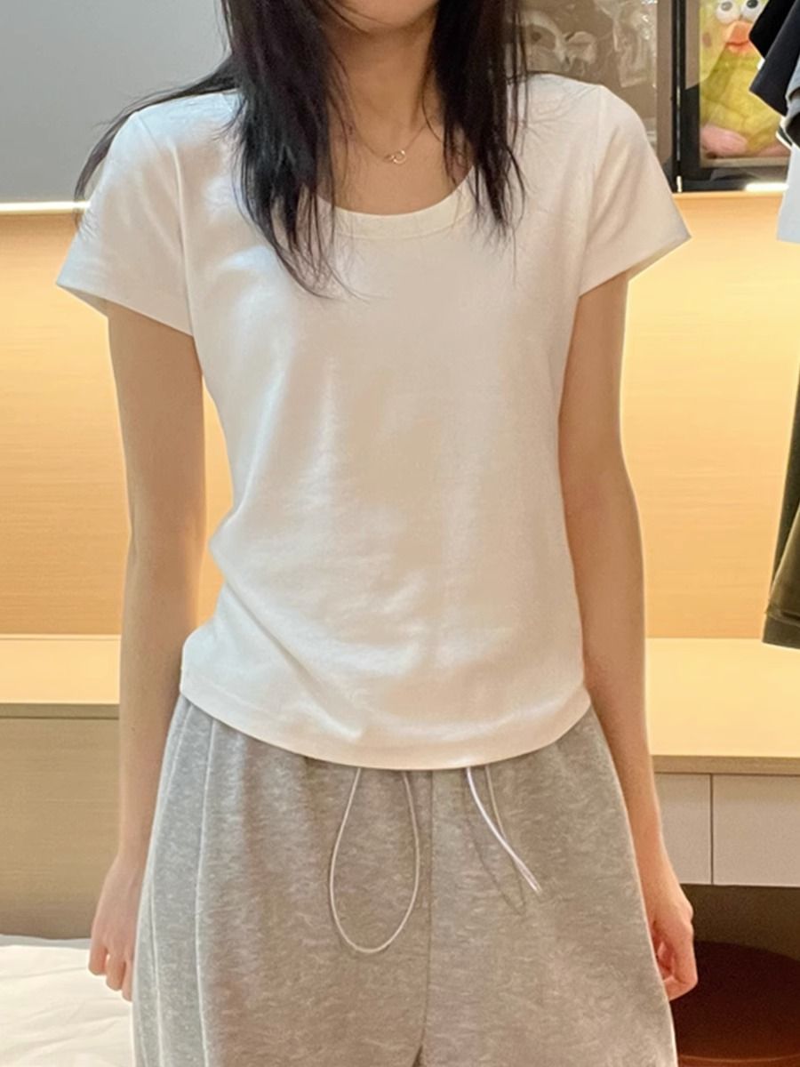 Pure Cotton Classic Basic Style All-Match Short SleeveTT-shirt Women's Summer-Style Slim Fit Slimming Half Sleeve Low-Necked Underwear Blouse Top