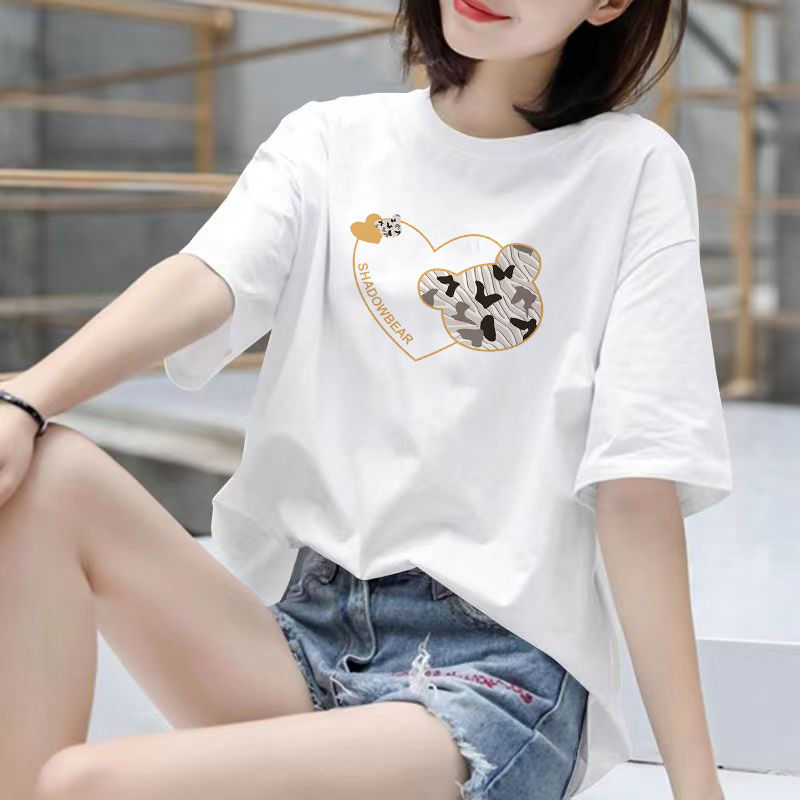 Fat Girl Cotton Short SleeveTT-shirt Women's White Loose Versatile Student Summer Korean Style round Neck Top Clothesins