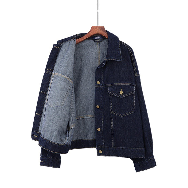 Spring and Autumn Korean Style Dark Blue Denim Coat Women's Short Long Sleeve Casual Loose Jacket Fashion