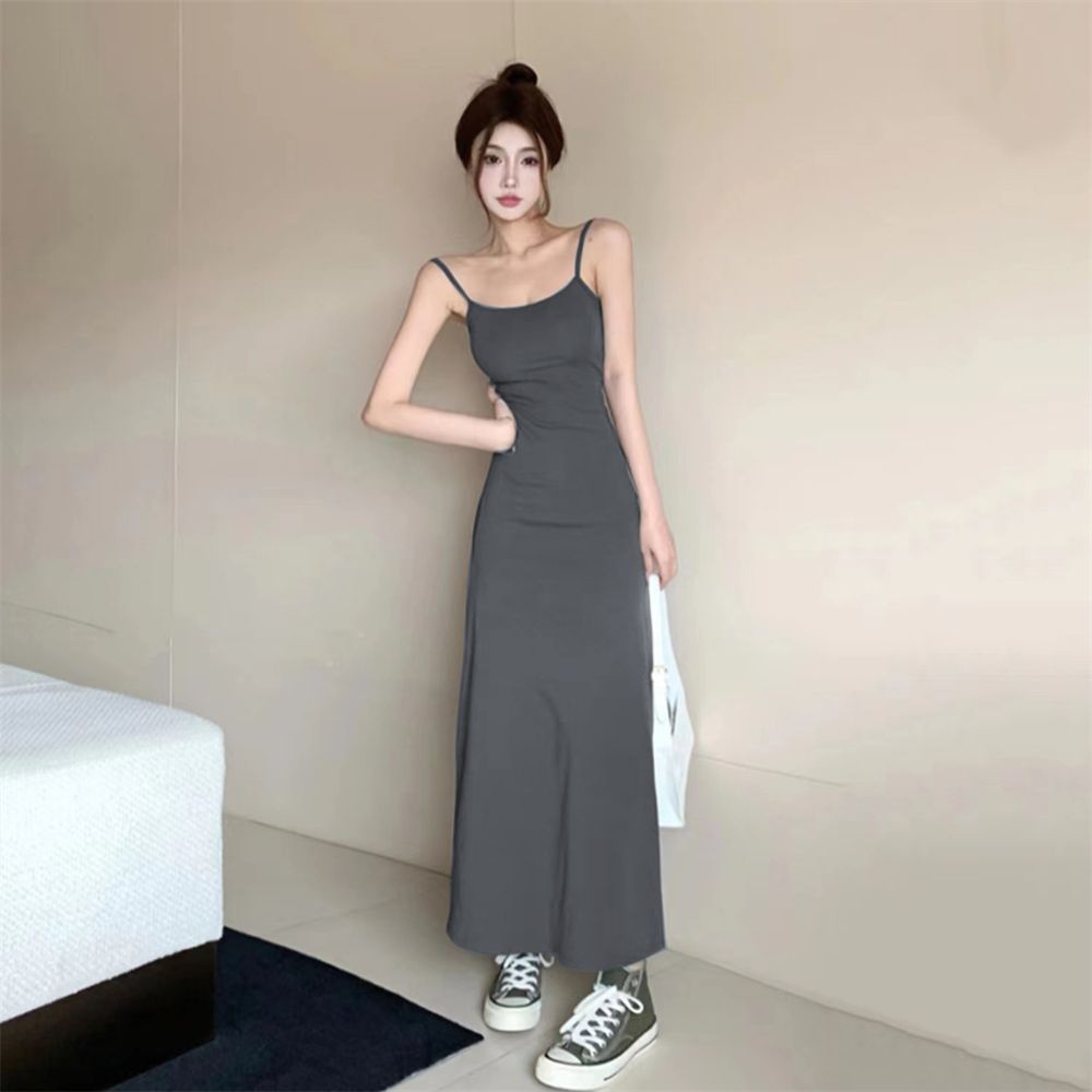 Summer Hot Girl Elastic Sling Dress Women's Sleeveless off-the-Shoulder Waist Fitted Figure Flattering off-Shoulder Base Dress
