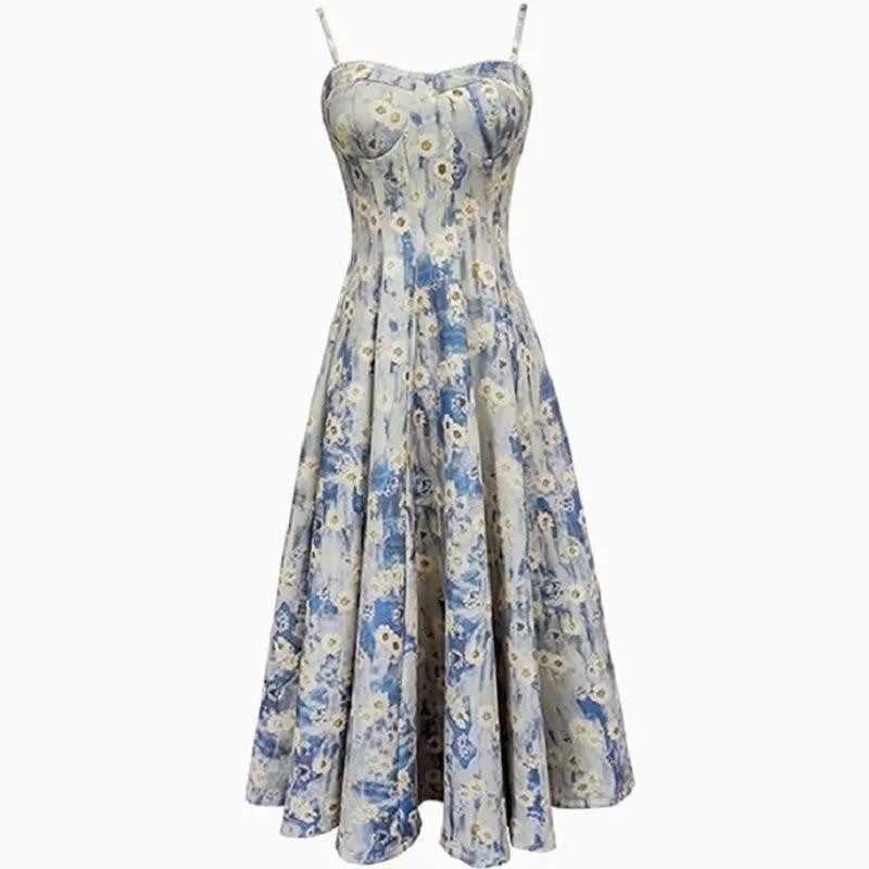 Tea Break French Blue Oil Painting Dress Female Summer Fairy Floral Tight Waist Sling Mid-Length Skirt
