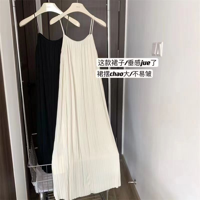 Summer Sling Korean Style Slimming Elegant Long Dress Dress Sleeveless Solid Color Loose Fashion Simple Fashion
