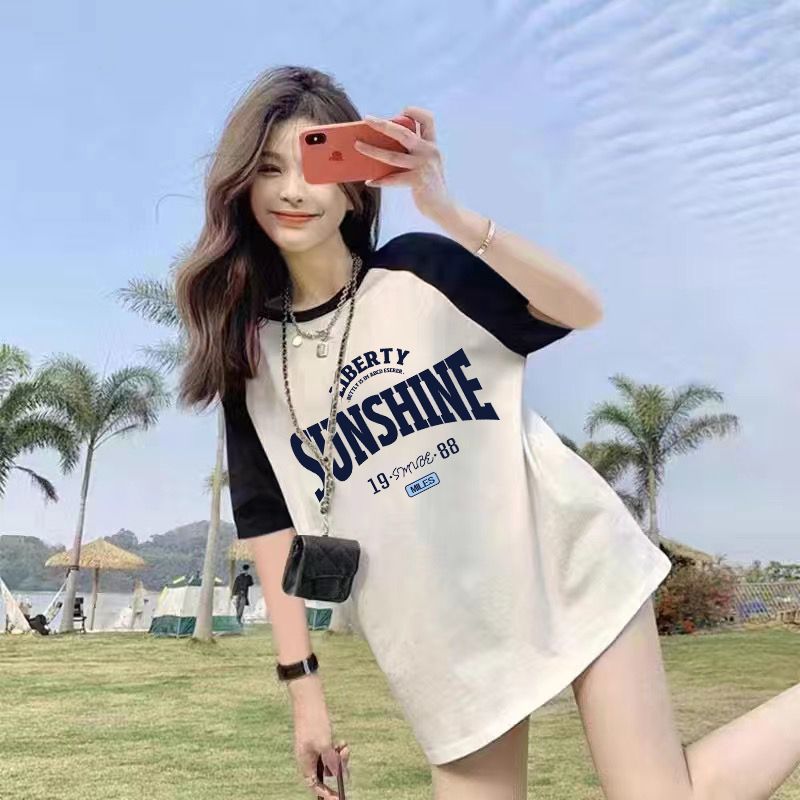 Summer Thin Pure Cotton Stitching Printing Contrast Color Raglan Mid-LengthTT-shirt Top Women's Short SleeveTWomen's T-shirt