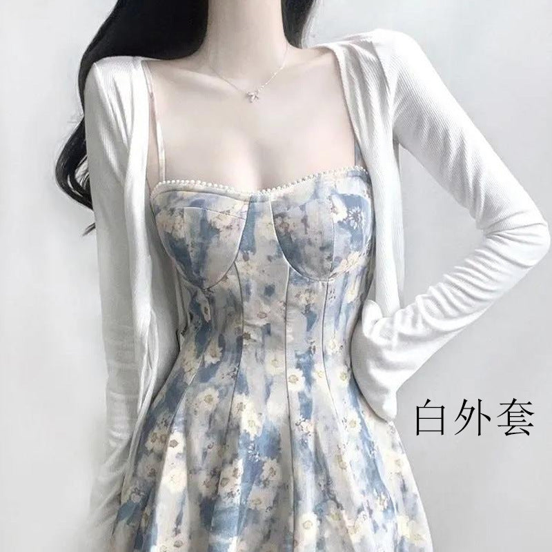 Tea Break French Blue Oil Painting Dress Female Summer Fairy Floral Tight Waist Sling Mid-Length Skirt