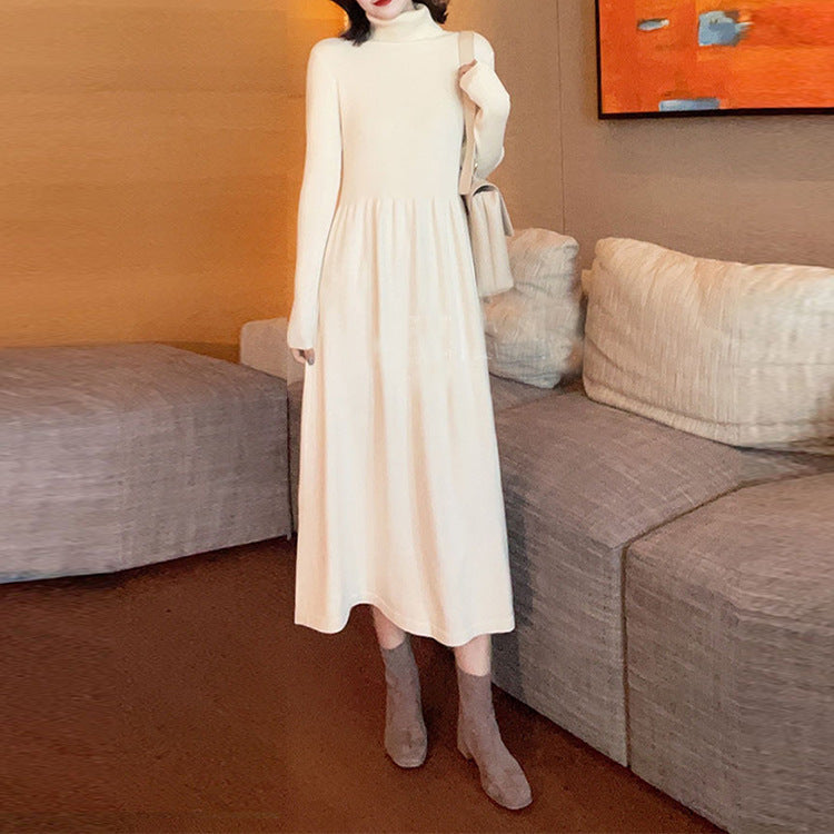 Half Turtleneck Mid-Length Elegant Style Woolen Skirt Autumn and Winter Korean Style Long Sleeve Base Knitting Dress Women