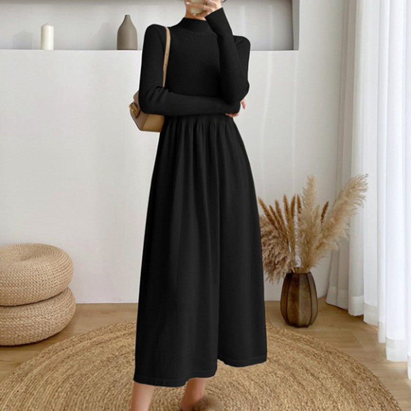 Half Turtleneck Mid-Length Elegant Style Woolen Skirt Autumn and Winter Korean Style Long Sleeve Base Knitting Dress Women