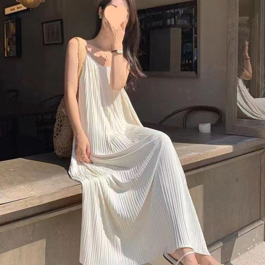 Summer Sling Korean Style Slimming Elegant Long Dress Dress Sleeveless Solid Color Loose Fashion Simple Fashion